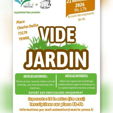 Affiche du premier vide-jardin de Yenne, samedi 21 novembre 2026 de 9h à 17h, place Charles Dullin